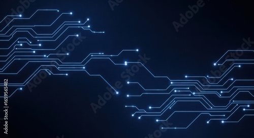 Futuristic blue circuit board pattern with glowing lights and data flow for technology background