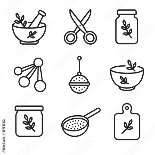 Thyme Utensil Icons. Outline icon set of thyme kitchen utensils: mortar and pestle, herb scissors, spice jar, measuring spoons,