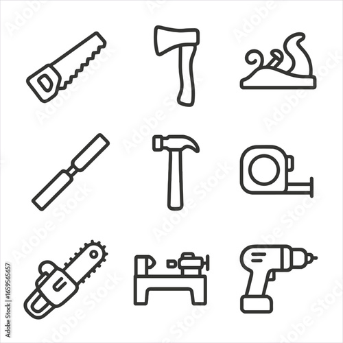 Timber Tools Icons. Outline icon set of timber processing tools: saw, axe, planer, chisel, hammer, measuring tape, chainsaw, lathe