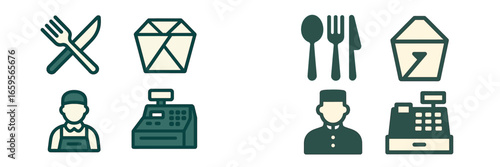 Diverse food service icons featuring dining and delivery activities