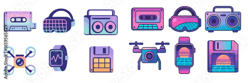 Colorful vector illustration of retro electronic devices