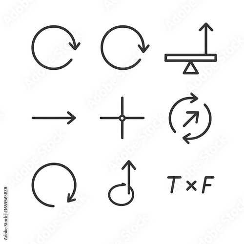 Torque Concept Icons. Outline icon set of torque concepts: clockwise rotation, counterclockwise rotation, lever arm, force vector,