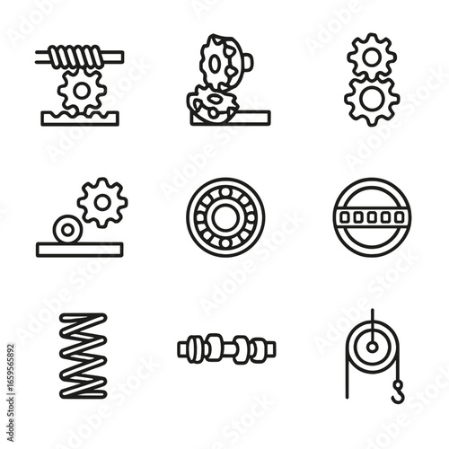 Torque Mechanism Icons. Outline icon set of torque mechanisms: worm gear, bevel gear, planetary gear, rack and pinion, ball