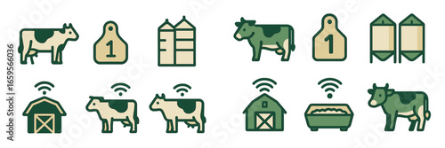 Vector illustration of farm animals and equipment in a rural setting
