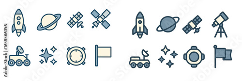 Exploring space with rockets, satellites, and telescopes in vector art