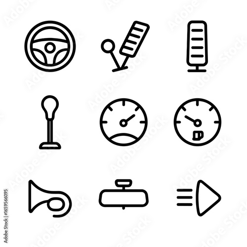 Transport Control Icons. Outline icon set of transport controls: steering wheel, accelerator pedal, brake pedal, gear shift,