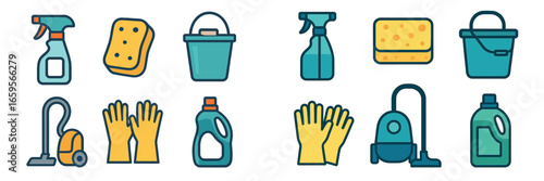 Cleaning supplies collection featuring various tools and equipment
