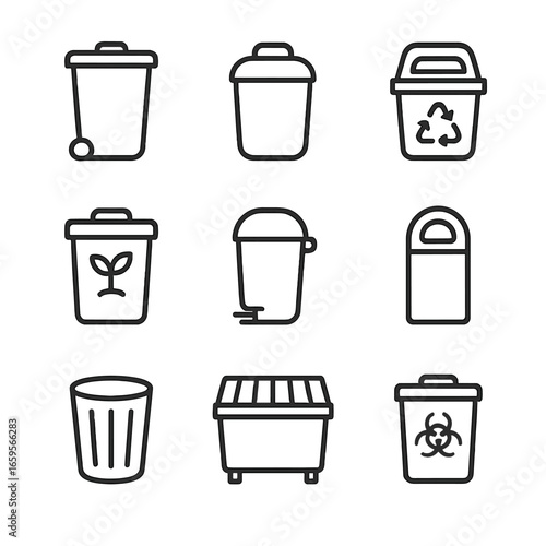 Trash Can Icon Set. Outline icon set of trash cans: outdoor trash can, indoor trash can, recycling bin, compost bin, pedal bin,