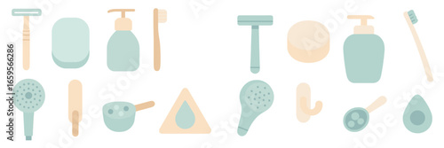 Collection of minimalist bathroom essentials in pastel colors