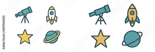 Vector illustrations of rockets, telescopes, and celestial bodies