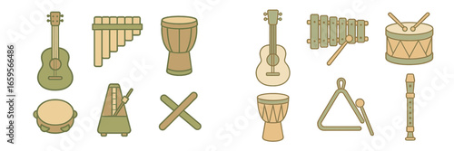 Collection of various percussion and string instruments