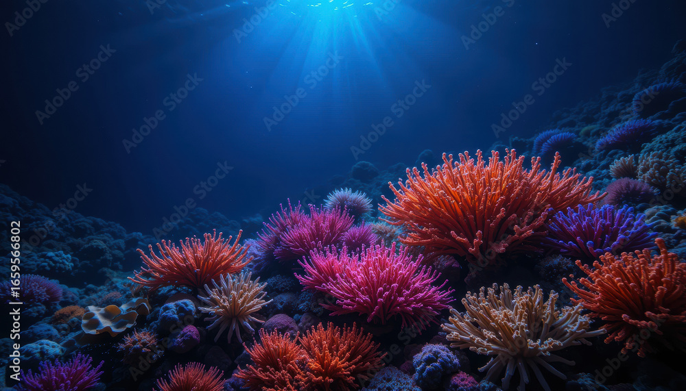 Naklejka premium Vibrant Underwater Coral Reef Ecosystem Bursting with Life and Color