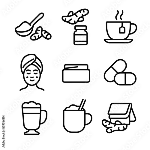 Turmeric Icon Set. Outline icon set of turmeric uses: cooking spice, health supplement, tea cup, face mask, cosmetic jar, capsule