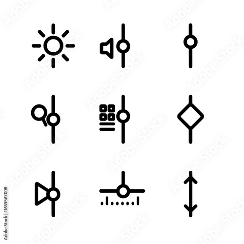 UI Slide Controls Icons. Outline icon set of sliding controls in UI: brightness slide, volume slide, progress slide, zoom slide,