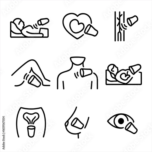 Ultrasound Icon Set. Outline icon set of ultrasound diagnostic procedures: abdominal scan, cardiac ultrasound, vascular scan,