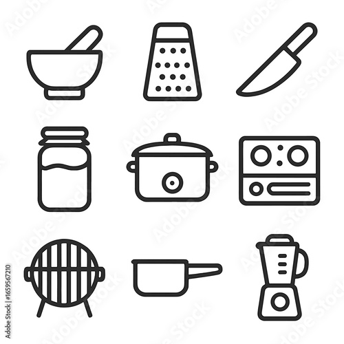 Umami Kitchen Icons. Outline icon set of umami kitchen tools: mortar and pestle, grater, knife, fermentation jar, slow cooker,