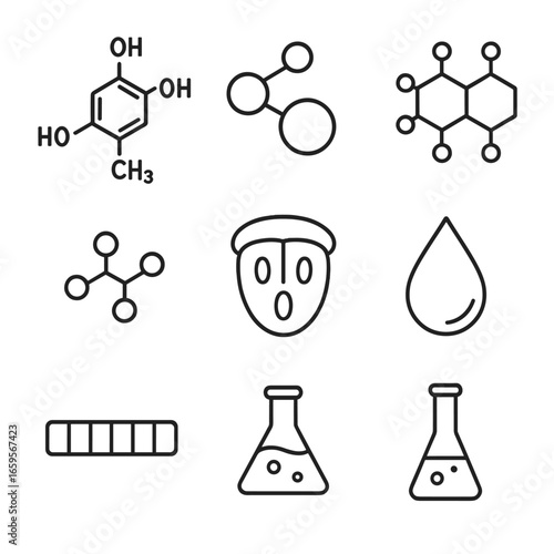 Vanilla Flavor Chemistry Icons. Outline icon set of vanilla flavor chemistry: vanillin molecule, aroma molecules, flavor compounds