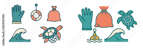 Illustration of marine conservation elements with turtles and waste