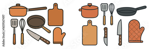 Kitchen utensils and cookware collection depicted in vector format