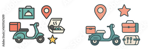 Vector illustration of delivery scooter and travel icons