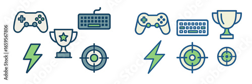 Various gaming icons including controllers, trophies, and targets