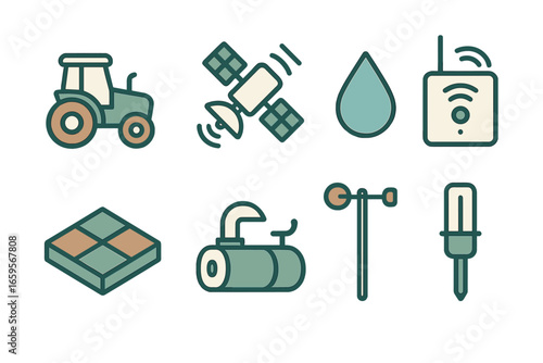 Vector illustrations of agricultural equipment and technology elements