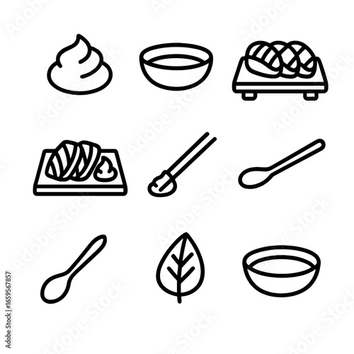 Wasabi Icon Set. Outline icon set of wasabi serving: wasabi dollop, dipping bowl, sushi platter, sashimi plate, chopsticks holding