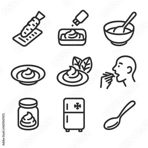 Wasabi Preparation Icons. Outline icon set of wasabi preparation steps: root grating, paste mixing, stirring bowl, plating,