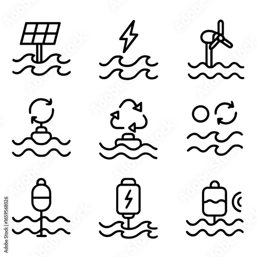 Wave Energy Icons. Outline icon set of wave energy: ocean energy, wave power, tidal power, energy wave, wave turbine, renewable
