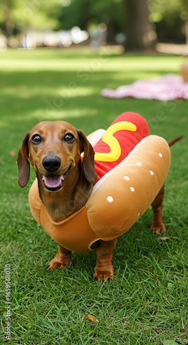 Adorable Dachshund Celebrating National Dog Day in a Hot Dog Costume