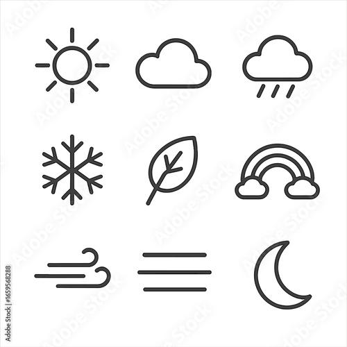 Weather Icons Grid. Outline icon set of park weather and seasons: sun, cloud, rain, snowflake, autumn leaf, rainbow, wind gust,