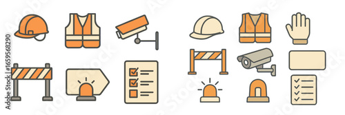 Vector-style illustration of construction safety gear and tools