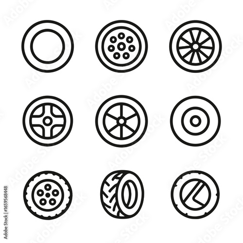 Wheel Materials Icons. Outline icon set of wheel materials: rubber tire, steel rim, alloy rim, plastic hub, carbon fiber spokes,