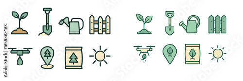 Gardening icons and equipment for sustainable plant care and growth