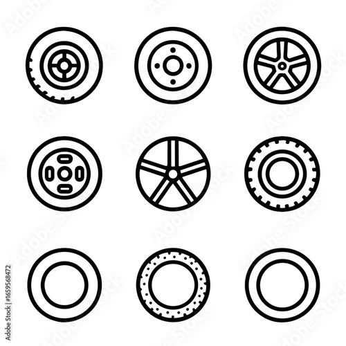 Wheel Materials Icons. Outline icon set of wheel materials: rubber tire, steel rim, alloy rim, plastic hub, carbon fiber spokes,