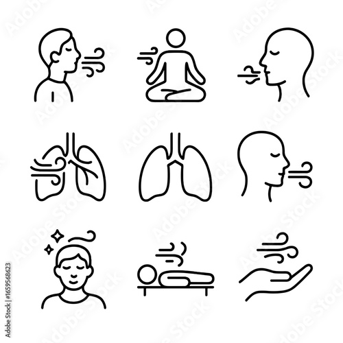 Wind Health Icon Set. Outline icon set of wind in health: breathing exercise, yoga, fresh air, respiratory system, lung capacity,