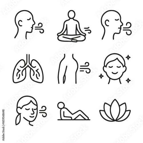 Wind Health Icon Set. Outline icon set of wind in health: breathing exercise, yoga, fresh air, respiratory system, lung capacity,