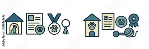 Illustration of pet care tools and awards in a cozy home setup