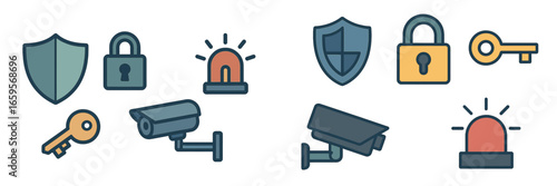 Security icons collection featuring cameras, locks and shields