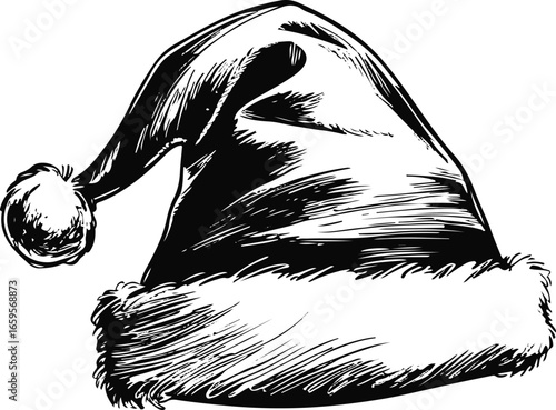  Black and white hand-drawn Santa Claus hat vector, bold smooth ink line art, minimal doodle style, abstract festive accessory silhouette, professional high-quality vector illustration 1