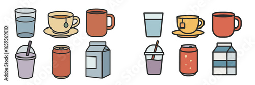 Diverse beverage collection featuring popular drinks in vector style