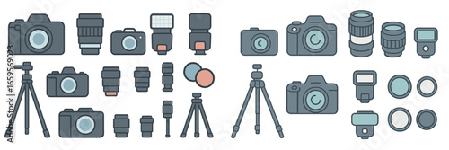 Camera equipment collection displayed in vector style
