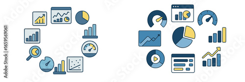 Trendy vector illustrations of data analytics and reporting tools