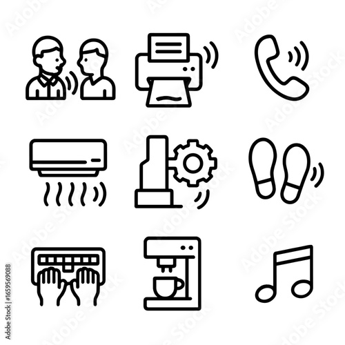 Workplace Noise Icons. Outline icon set of noise in the workplace: office chatter, printer noise, phone ringing, air conditioning,