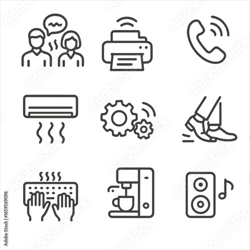 Workplace Noise Icons. Outline icon set of noise in the workplace: office chatter, printer noise, phone ringing, air conditioning,