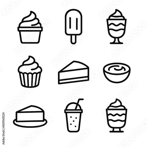 Yogurt Dessert Icons. Outline icon set of yogurt desserts and snacks: frozen yogurt cup, yogurt popsicle, parfait glass, yogurt