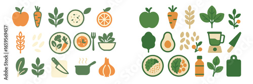 Colorful vector illustration of healthy food and cooking tools