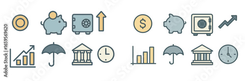 Financial icons for savings, investment, and banking activities