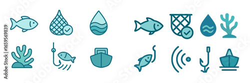 Vector illustration of aquatic life with fishing elements and tools