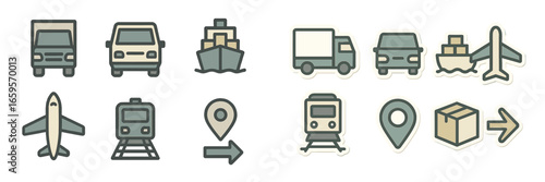 Transportation icons for varied vehicles and logistics operations